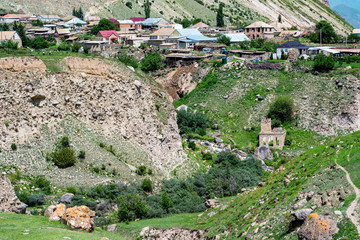 Distant view of rural village houses in the mountains