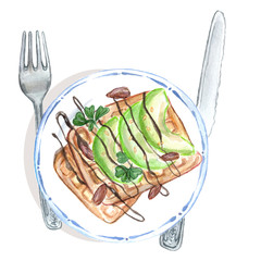 Tasty breakfast. Hand-drawn, watercolor, isolated waffles, avocado slices, almond, souce, fork, knife. Realistic illustration. Healthy food. Vegetarian. Menu.