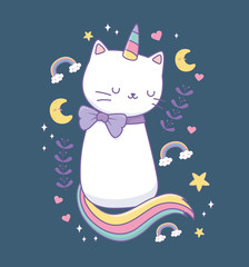 cute cat with rainbow tail kawaii character