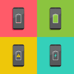 Smartphone battery notification, battery empty, full, damaged, charging, flat design vector illustration