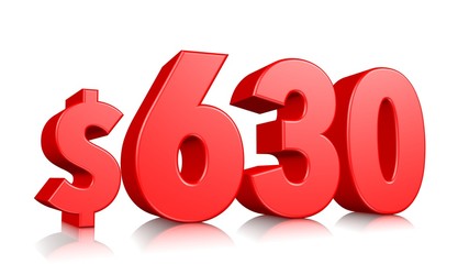 630$ Six hundred thirty price symbol. red text number 3d render with dollar sign on white background