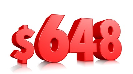 648$ Six hundred forty eight price symbol. red text number 3d render with dollar sign on white background
