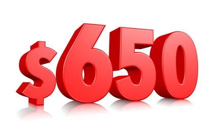 650$ Six hundred and fifty price symbol. red text number 3d render with dollar sign on white background
