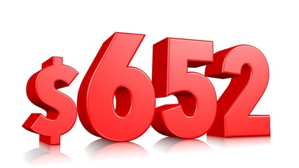 652$ Six hundred fifty-two price symbol. red text number 3d render with dollar sign on white background