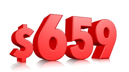 659$ Six hundred fifty nine price symbol. red text number 3d render with dollar sign on white background