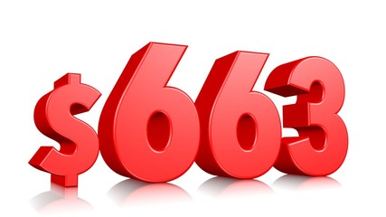 663$ Six hundred sixty three price symbol. red text number 3d render with dollar sign on white background