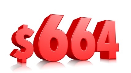664$ Six hundred sixty-four price symbol. red text number 3d render with dollar sign on white background