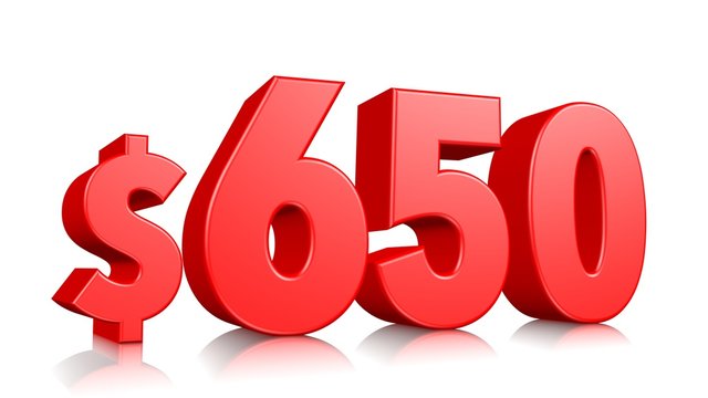 650$ Six hundred and fifty price symbol. red text number 3d render with dollar sign on white background