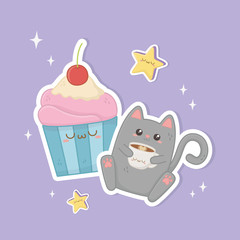 cute cat with coffee and cupcake kawaii characters