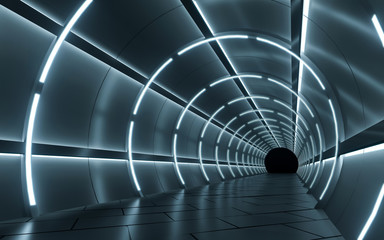 Illuminated corridor interior design. 3D rendering