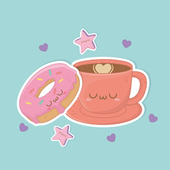 coffee cup drink and sweet donut kawaii characters
