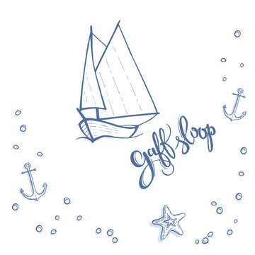 Hand-drawn gaff sloop and graphic elements on the theme of the sea and sailing. Vector black and white sketch
