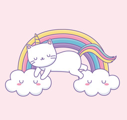 Obraz na płótnie Canvas cute cat with rainbow tail on the clouds kawaii character