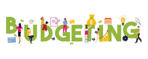 Budgeting word concepts of budget funding and financing. Financial planning. Isolated lettering typography idea with icons.