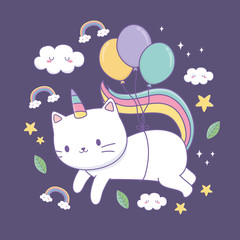 cute cat with rainbow tail and balloons helium kawaii character