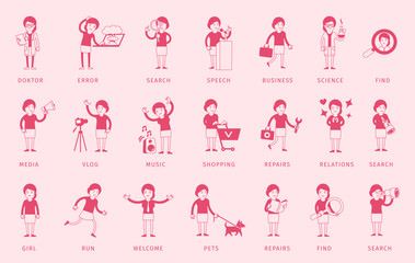 Woman bundle set . Search and dialogues. Working woman. Big set character. Pink colour silhouette. Collection different situations. Vector illustration.