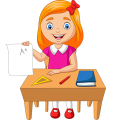 Cartoon little girl holding paper with A plus grade