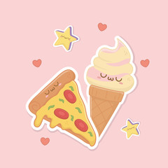 ice cream cone and pizza kawaii characters