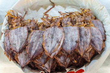 Dried squid in Thailand. Favorite preserve dried seafood in Thai market, Chumphon Thailand