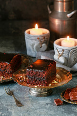 Traditional brownie with chocolate. Sweet dessert.