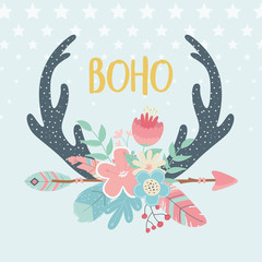 deer horns with flowers ,feathers and arrows boho style