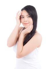 Fototapeta premium Portrait of beautiful woman asian makeup of cosmetic, girl hand touch cheek and smile attractive, face of beauty perfect with wellness isolated on white background with skin healthcare concept.