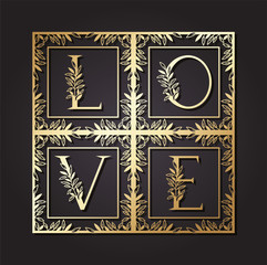 love word in square frame with leafs
