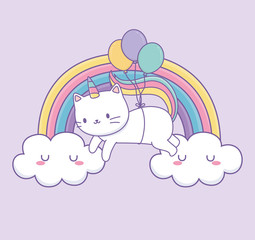 cute cat with rainbow tail and balloons helium kawaii character © Stockgiu