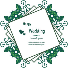 Decoration branches leaf, with cute frame, lettering of happy wedding for invitation card. Vector