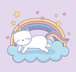 cute cat with rainbow tail on the clouds kawaii character