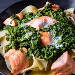 pappardelle pasta with creamed spinach and fried salmon