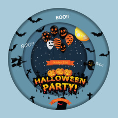 Cut paper Happy Halloween festive abstract background, 3D paper art frame, cut paper texture colorful paper layers, Scary air balloons, moon. Holiday party invitation. illustrator vector Eps10