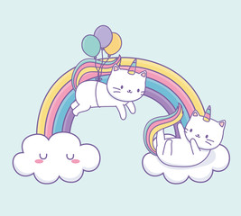 cute cat with rainbow tail and balloons helium kawaii character