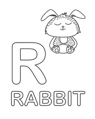 Cute rabbit icon with English alphabet letter R in outline style. Vector illustration.