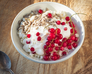 Cottage cheese with seeds and sour cream in a deep white plate