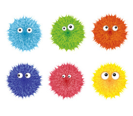 Set of colorful cartoon fluffy pompom. Fur shaggy balls with eyes. Red, pink, blue, green, yellow furry shapes. Vector fuzzy toy isolated on white background. Wool bacterium or microbe. Funny design.