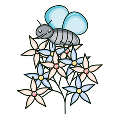 flowers garden with little insect flying kawaii character