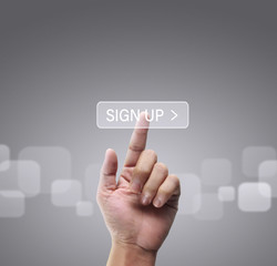 Hands touching button screen interface global connection customer networking