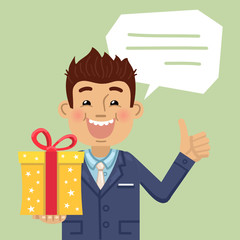 Illustration of a businessman with a gift box showing thumb up gesture. Birthday party, celebration, birthday poster, surprise, gift, present. Flat style vector illustration