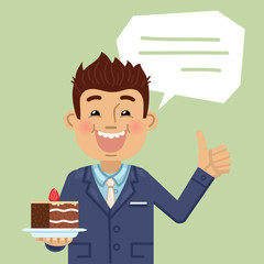 Illustration of a businessman with a cake. Cheerful businessman holding a cake on a plate and showing thumb up gesture. Flat style vector illustration.