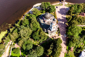 Panorama of the Church of St. Prince Alexander Nevsky. Ust-Izhora Leningrad region, Russia. (Aero...