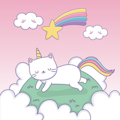 Obraz na płótnie Canvas cute cat with rainbow tail in the camp kawaii character