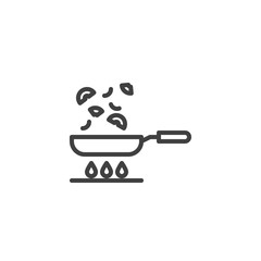 Frying vegetables on pan line icon. Cooking process linear style sign for mobile concept and web design. Frying pan on gas stove outline vector icon. Symbol, logo illustration. Vector graphics