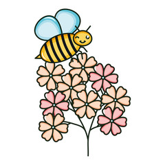 flowers garden with little bee flying kawaii character