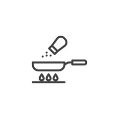 Frying pan and salt line icon. Food preparation process linear style sign for mobile concept and web design. Cooking on gas stove outline vector icon. Symbol, logo illustration. Vector graphics