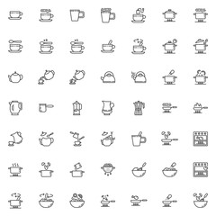 Cooking instructions line icons set. linear style symbols collection, outline signs pack. vector graphics. Set includes icons as food preparation process, frying and boiling, tea brewing time, kitchen