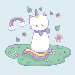 cute cat with rainbow tail in the camp kawaii character