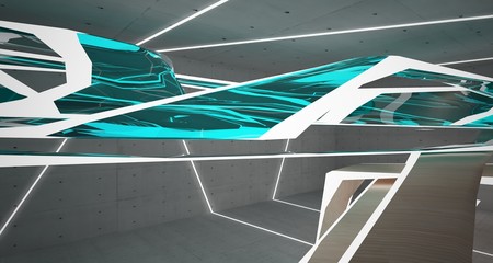 Abstract  concrete, glass and wood interior  with neon lighting. 3D illustration and rendering.