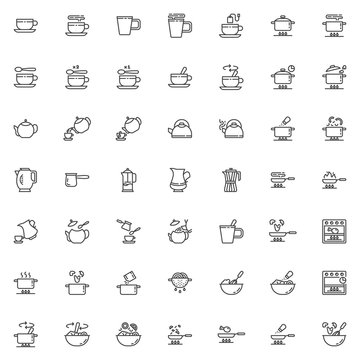Cooking instructions line icons set. linear style symbols collection, outline signs pack. vector graphics. Set includes icons as food preparation process, frying and boiling, tea brewing time, kitchen