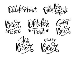 set of black hand lettering for Oktoberfest festival on white background. Vector illustration for design of menu, bar, pub, restaurant. Text of Ice, good and craft beer, Oktoberfest and Beer menu.